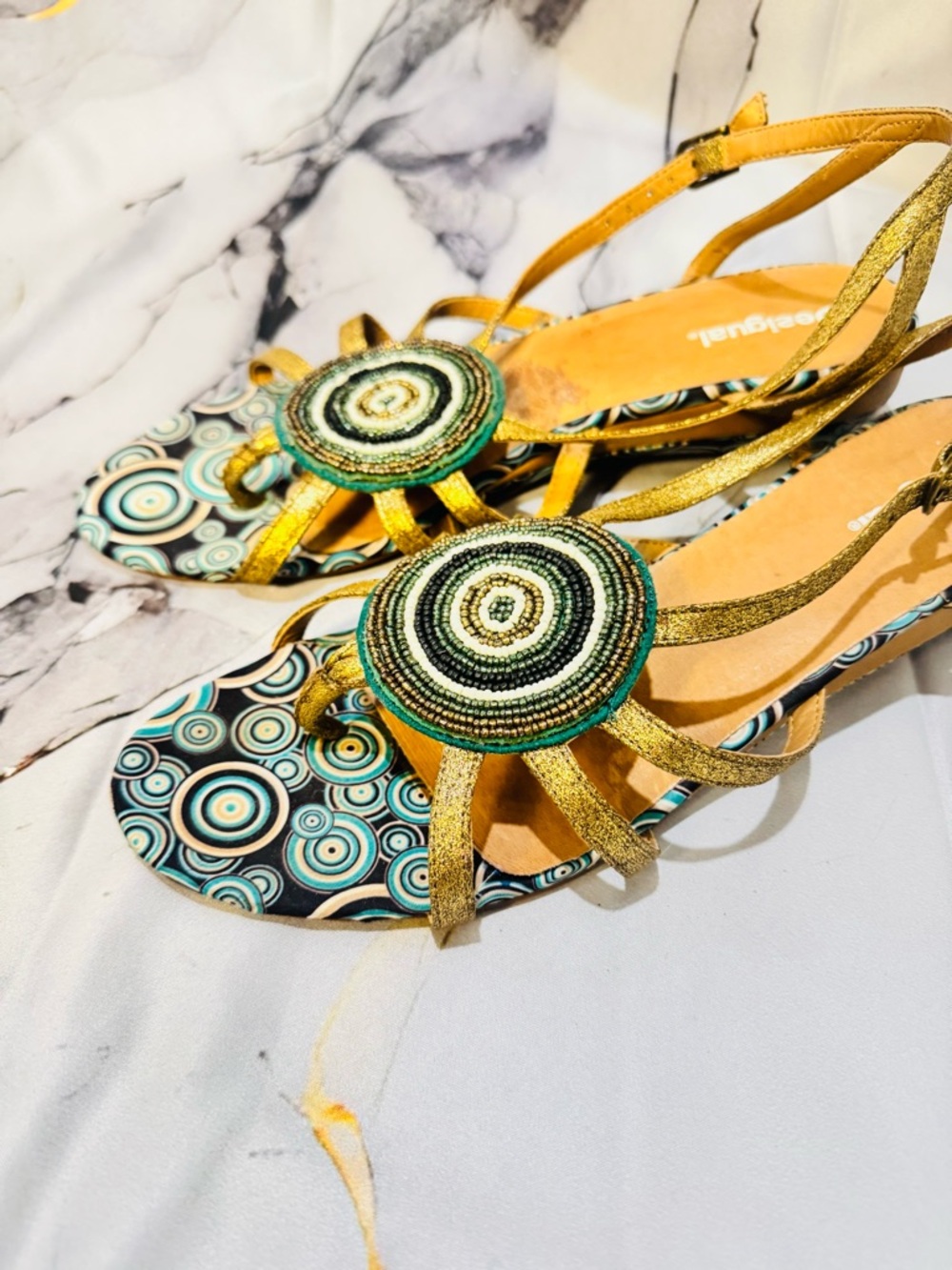 Desigual Gold Strappy Sandals with Teal and Black Patterned Footbed